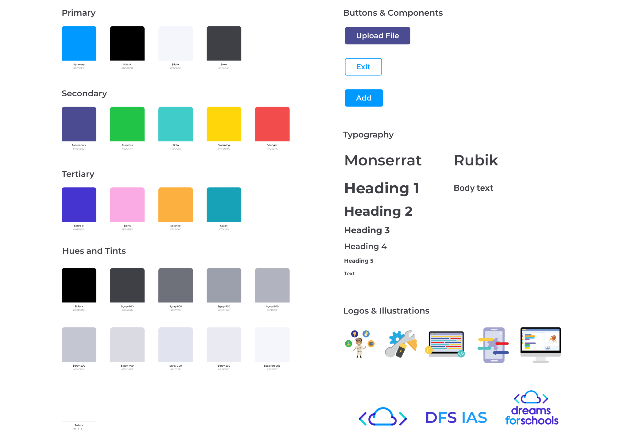 Style guide for Dreams For Schools application,
        including vector art, colors, buttons, and font styles